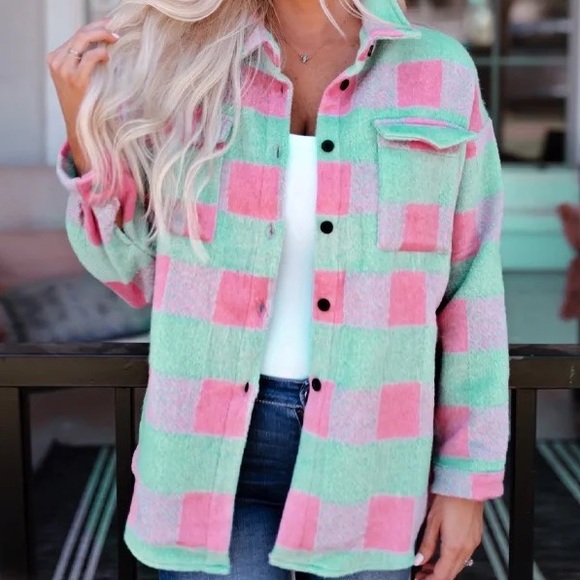 60 Oversized Soft Heavyweight Green Pink Plaid Cozy Brushed Shacket Pockets - Picture 7 of 9